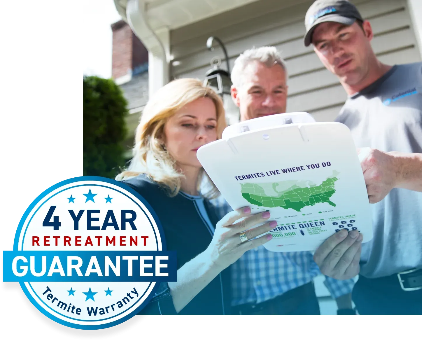 Technician speaking to customers about termite protection